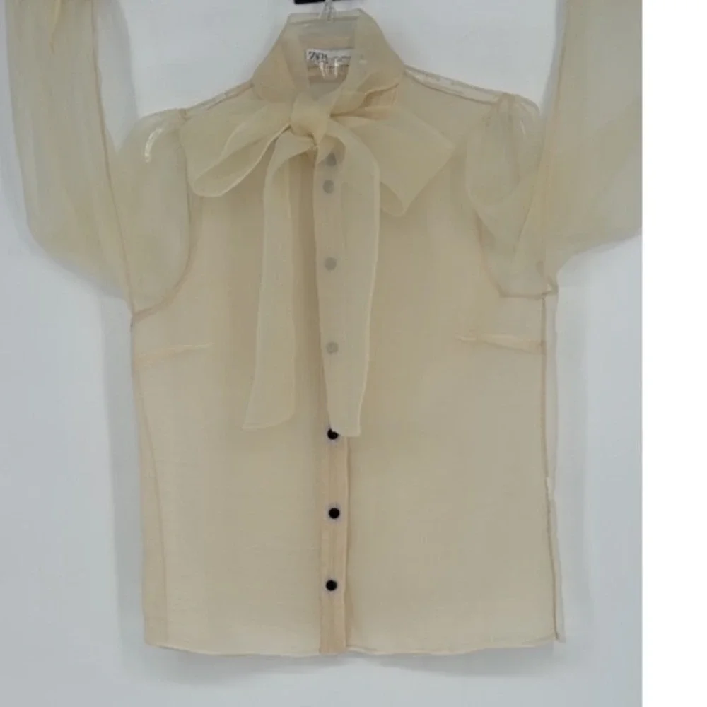Zara Organza Bow Blouse Cream Sheer Button Front Top L Soft Femininity 102-08